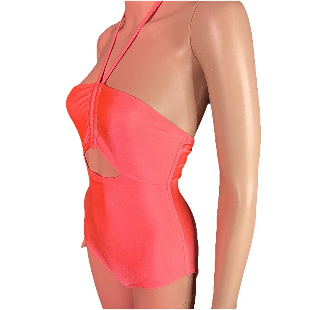 One-Piece Girls Coral Pink Swimsuit Halter Neck Tie-Back String Size L (10-12)